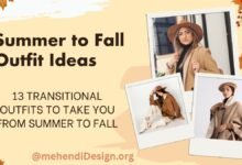 13 Transitional Summer to Fall Outfit Ideas A woman wearing a stylish summer to fall outfit, featuring layers like a light jacket and boots, with autumn leaves in the background