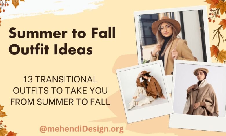 13 Transitional Summer to Fall Outfit Ideas A woman wearing a stylish summer to fall outfit, featuring layers like a light jacket and boots, with autumn leaves in the background