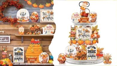 A beautifully styled fall tiered tray with pumpkins, mini signs, and rustic florals