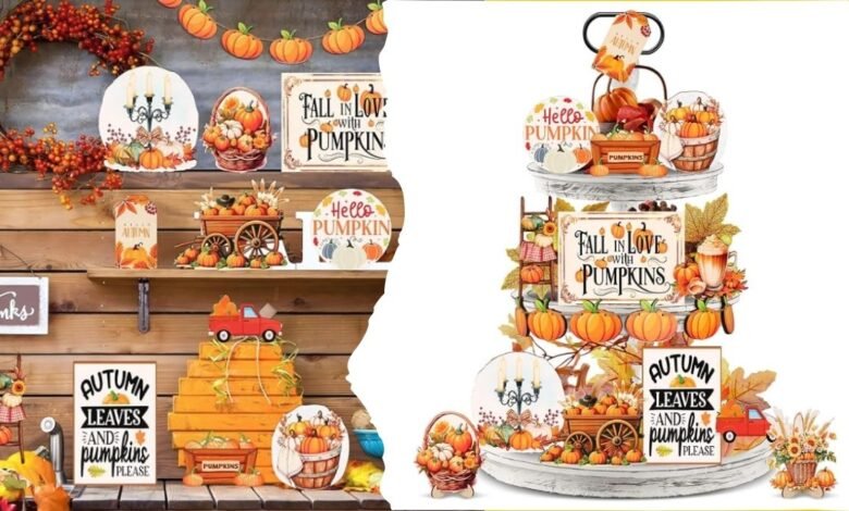 Image of A beautifully styled fall tiered tray with pumpkins mini signs and rustic florals 1 A beautifully styled fall tiered tray with pumpkins, mini signs, and rustic florals