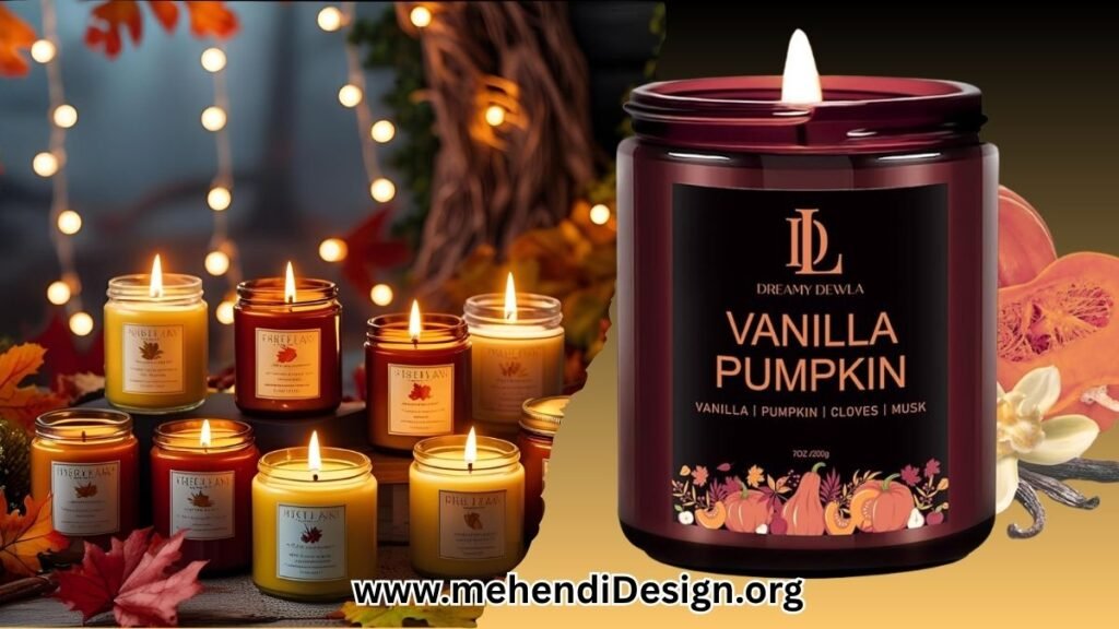Image of A collection of various best fall scented candles with warm cozy lighting and autumnal decor in the background A collection of various best fall scented candles with warm, cozy lighting and autumnal decoration in the background