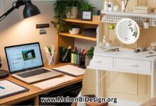 College dorm desk setup ideas brought to life in a stylish workspace featuring a laptop, desk lamp, plants, and organizers for a cozy, productive vibe.