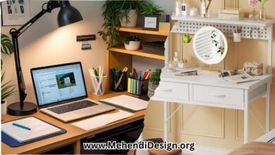 College dorm desk setup ideas brought to life in a stylish workspace featuring a laptop, desk lamp, plants, and organizers for a cozy, productive vibe.