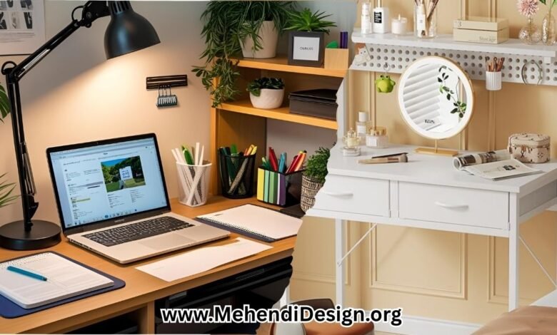 Image of A well organized and stylish college dorm desk setup with a laptop lamp plants and organizational tools creating a productive study environment College dorm desk setup ideas brought to life in a stylish workspace featuring a laptop, desk lamp, plants, and organizers for a cozy, productive vibe.