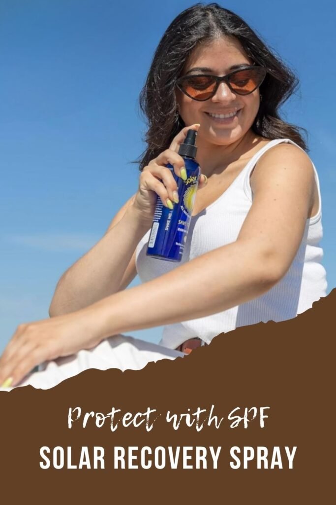 A women spraying their shoulder Protect with SPF