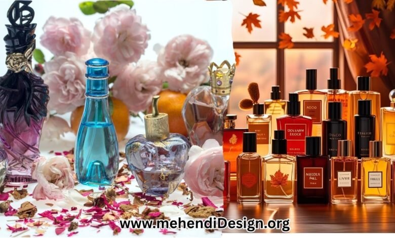 Best affordable fall perfumes displayed in a collection of diverse bottles under warm, autumnal lighting that evokes cozy fall vibes.