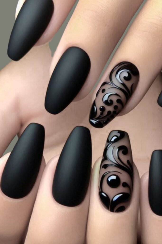 Image of Charcoal Black Nails with Glossy Finish for Autumn Charcoal Black Nails with Glossy Finish for Autumn