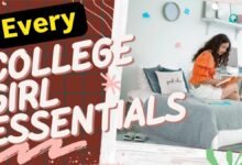College girl essentials for back to school are neatly arranged around a happy college girl reading book in her colorful and cozy dorm room
