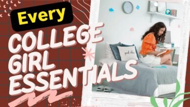 College girl essentials for back to school are neatly arranged around a happy college girl reading book in her colorful and cozy dorm room