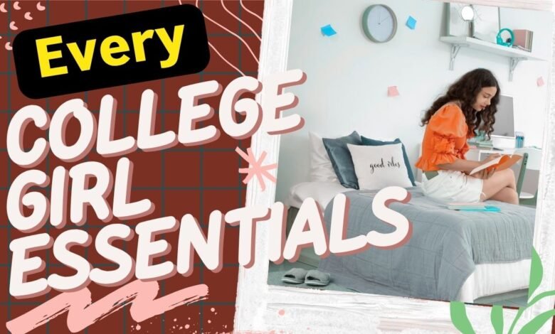 Image of College girl essentials for back to school are neatly arranged around a happy college girl reading book in her colorful and cozy dorm room College girl essentials for back to school are neatly arranged around a happy college girl reading book in her colorful and cozy dorm room