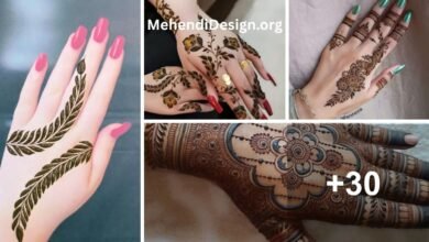 Easy mehndi designs for fall shown on a close-up of a hand featuring delicate leaf and vine patterns, inspired by soft fall tones and seasonal charm.