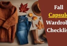 Fall capsule wardrobe checklist flat lay featuring stylish sweaters, jeans, boots, and accessories in warm autumn tones