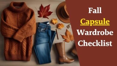 Fall capsule wardrobe checklist flat lay featuring stylish sweaters, jeans, boots, and accessories in warm autumn tones