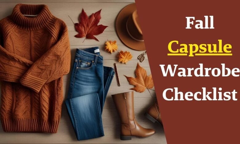 Image of Fall capsule wardrobe checklist flat lay featuring stylish sweaters jeans boots and accessories in warm autumn tones Fall capsule wardrobe checklist flat lay featuring stylish sweaters, jeans, boots, and accessories in warm autumn tones