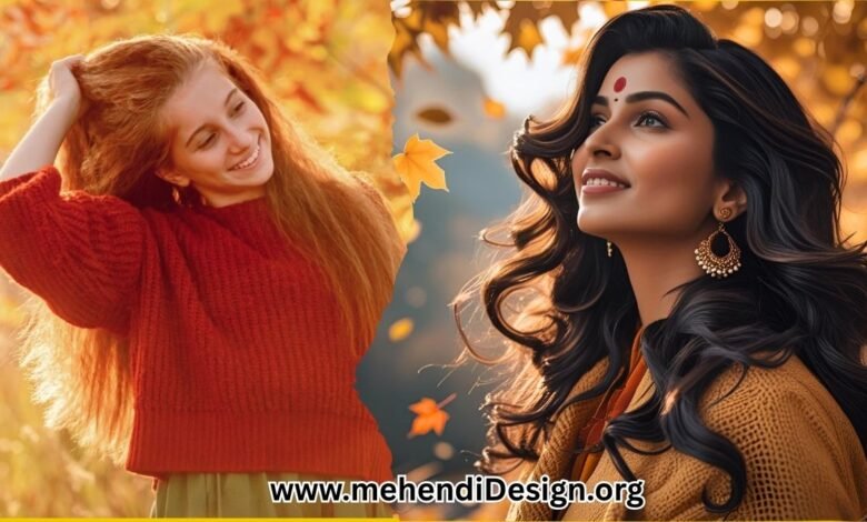 Image of Fall hair care routine in action—a woman with glossy nourished hair takes in the crisp autumn breeze framed by golden leaves and cozy vibes Fall hair care routine in action—a woman with glossy, nourished hair takes in the crisp autumn breeze, framed by golden leaves and cozy vibes.