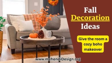 Fall room decor ideas come to life in a cozy boho inspired space, featuring warm lights, soft throws, macrame touches, and leafy indoor plants