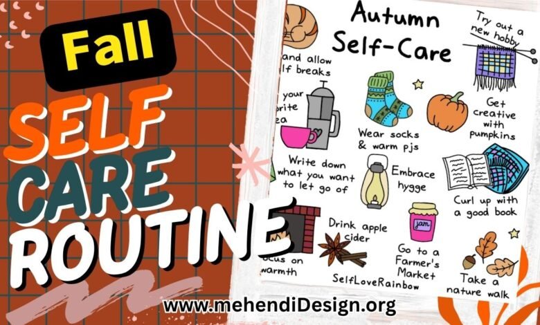 Fall self care ideas styled in a warm setup: wearing, eating, skincare, and a daily working list—perfect for slow days.