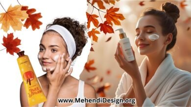 Fall skincare routine for dry skin shown as a person gently applying moisturizer, with autumn leaves and warm light creating a soft, soothing atmosphere