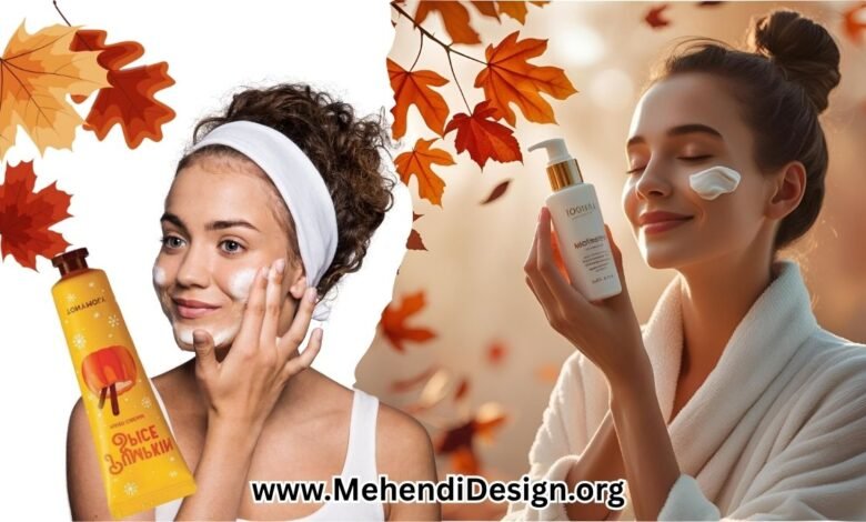 Image of Fall skincare routine for dry skin shown as a person gently applying moisturizer with autumn leaves and warm light creating a soft soothing atmosphere Fall skincare routine for dry skin shown as a person gently applying moisturizer, with autumn leaves and warm light creating a soft, soothing atmosphere