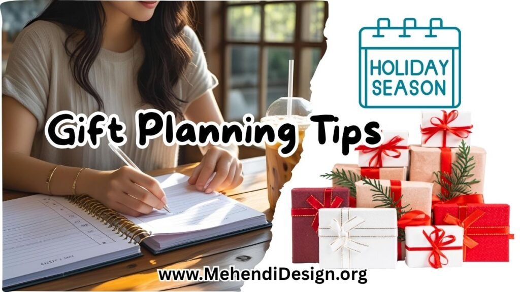 Holiday gift planning tips in action—a person calmly writes in a gift planner at a sunlit wooden table in August, with iced coffee setting a relaxed vibe
