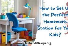 Kids homework station ideas showcased with a bright white desk, comfy blue ergonomic chair, colorful storage bins, and a cheerful desk lamp lighting up the space