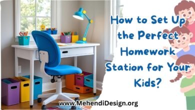 Kids homework station ideas showcased with a bright white desk, comfy blue ergonomic chair, colorful storage bins, and a cheerful desk lamp lighting up the space