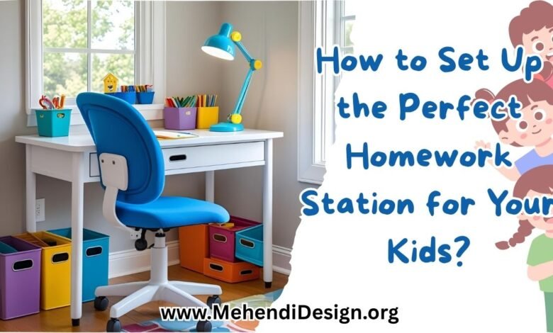 Kids homework station ideas showcased with a bright white desk, comfy blue ergonomic chair, colorful storage bins, and a cheerful desk lamp lighting up the space