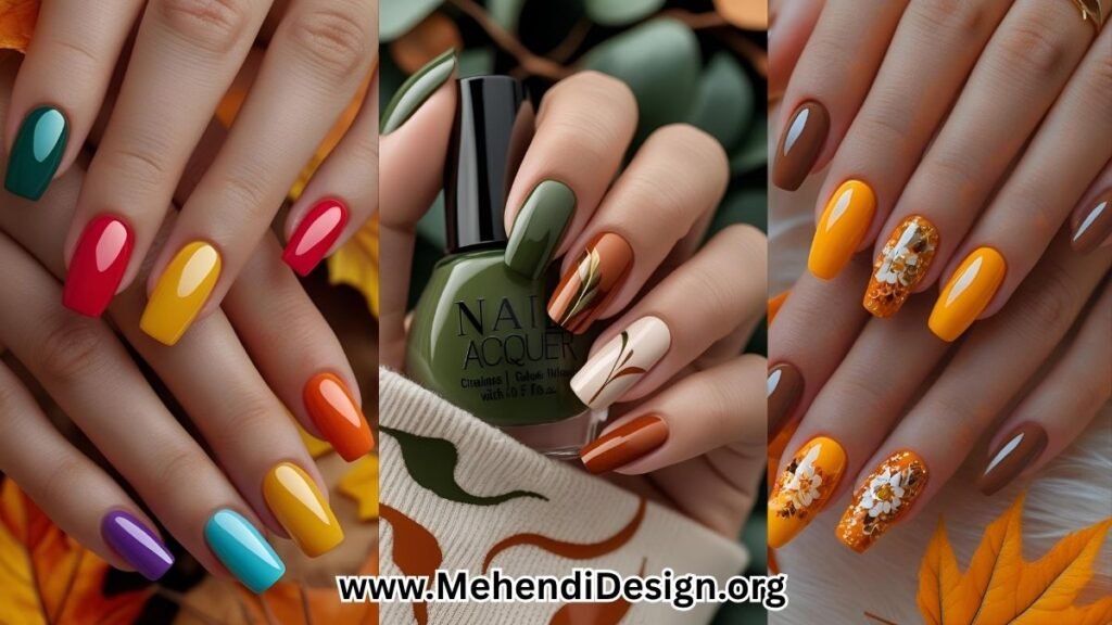 Most popular fall nail colors featured on a manicured hand with deep green, burnt orange, and creamy neutrals, styled with subtle abstract swirl designs