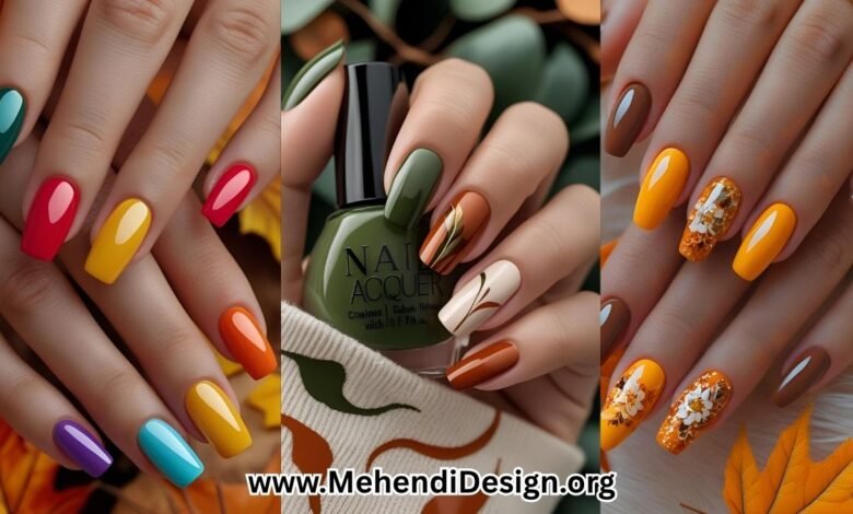 Most popular fall nail colors featured on a manicured hand with deep green, burnt orange, and creamy neutrals, styled with subtle abstract swirl designs