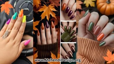Summer to fall nail color trends displayed in a collage of manicures featuring burnt orange, deep plum, olive green, and bronze metallic shades over an autumn leaves background