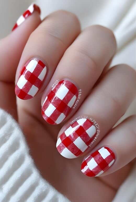 Image of A charming Labor Day manicure with a red and white gingham accent nail A charming Labor Day manicure with a red and white gingham accent nail