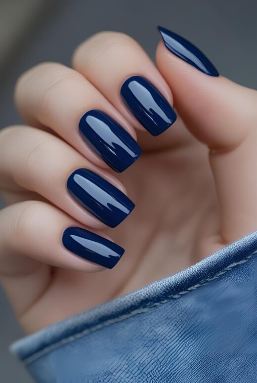 Image of A chic reverse French manicure in navy blue perfect for a subtle Labor Day look A chic reverse French manicure in navy blue, perfect for a subtle Labor Day look