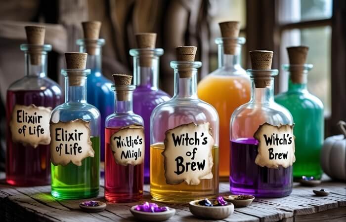 Image of A collection of labeled potion bottles on a wooden tray a magical touch for halloween bedroom decorating ideas A collection of labeled potion bottles on a wooden tray, a magical touch for halloween bedroom decorating ideas
