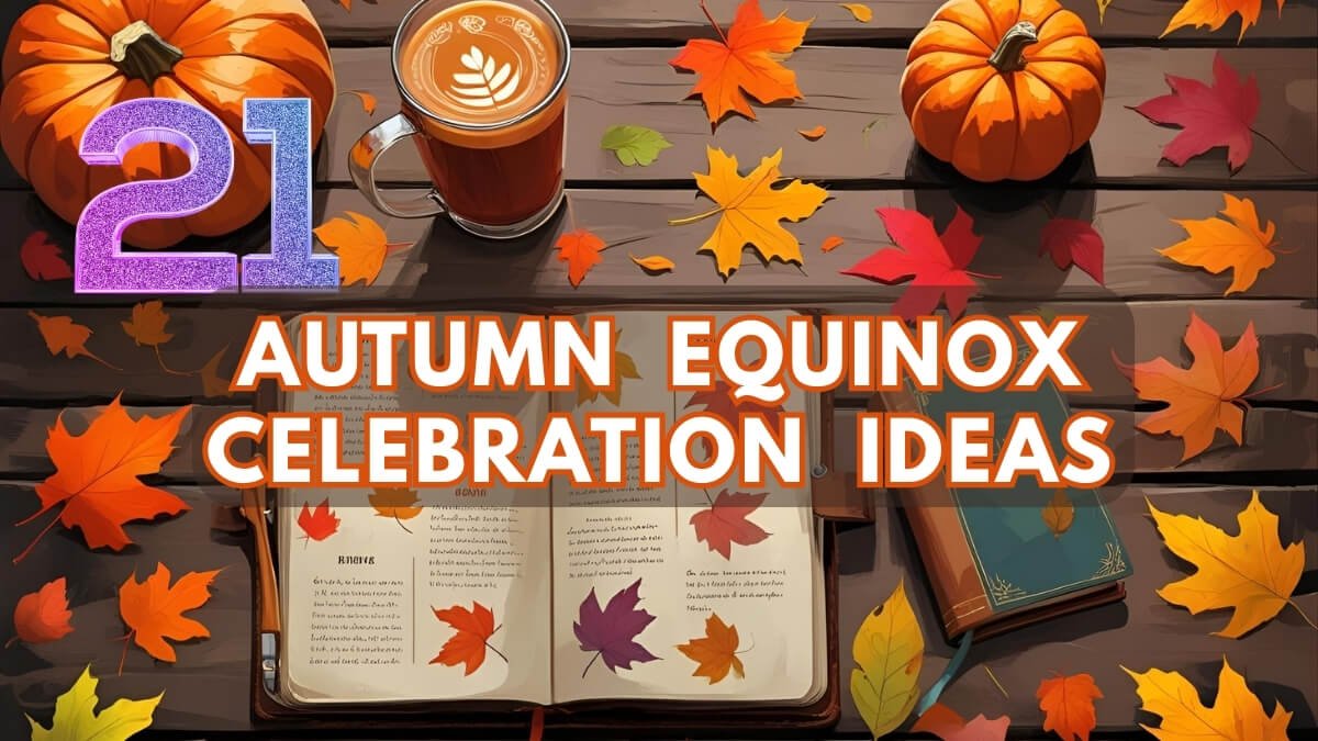Image of A cozy flat lay arrangement of autumn equinox celebration ideas including a pumpkin colorful leaves a warm drink and a journal A cozy, flat lay arrangement of autumn equinox celebration ideas, including a pumpkin, colorful leaves, a warm drink, and a journal