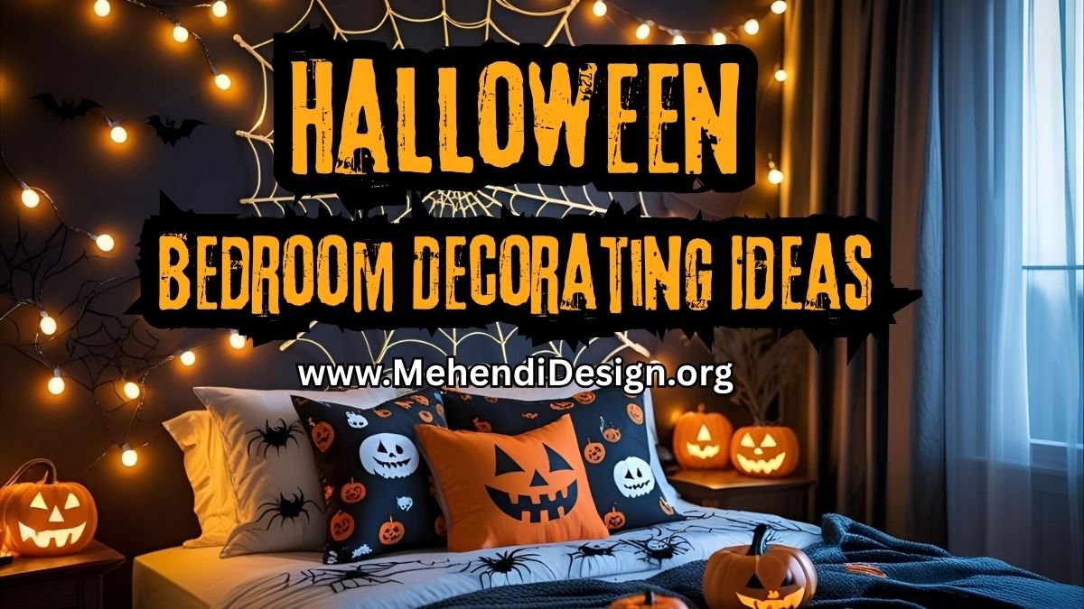 Image of A cozy yet spooky bedroom decorated with warm string lights Halloween themed pillows and a large spiderweb over the bed. Its a perfect example of inviting halloween bedroom decorating ideas A cozy yet spooky bedroom decorated with warm string lights, Halloween themed pillows, and a large spiderweb over the bed It's a perfect example of inviting halloween bedroom decorating ideas