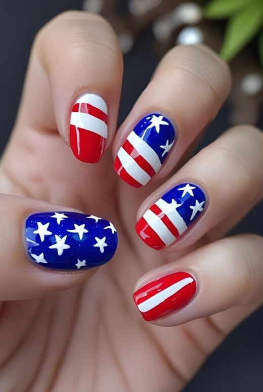 Image of A detailed American flag accent nail as part of a patriotic Labor Day manicure A detailed American flag accent nail as part of a patriotic Labor Day manicure