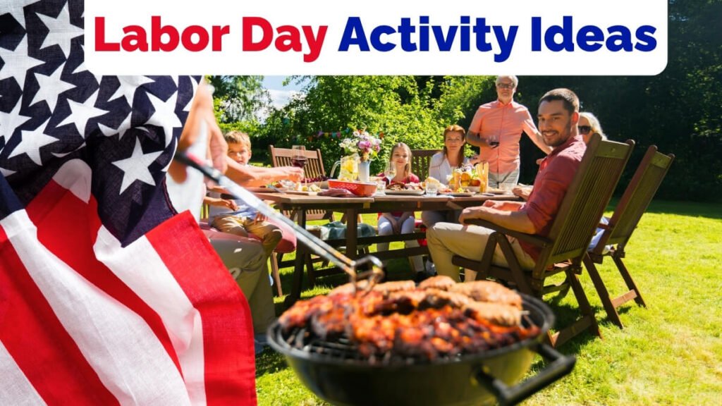 Image of A diverse group of smiling people of all ages enjoying various fun Labor Day activity ideas outdoors with a barbecue grill picnic in the background A diverse group of smiling people of all ages enjoying various fun Labor Day activity ideas outdoors with a barbecue grill picnic in the background