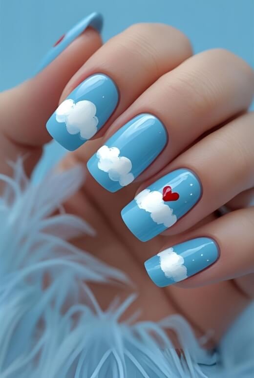 Image of A dreamy cloudy sky nail art design with a patriotic touch A dreamy cloudy sky nail art design with a patriotic touch