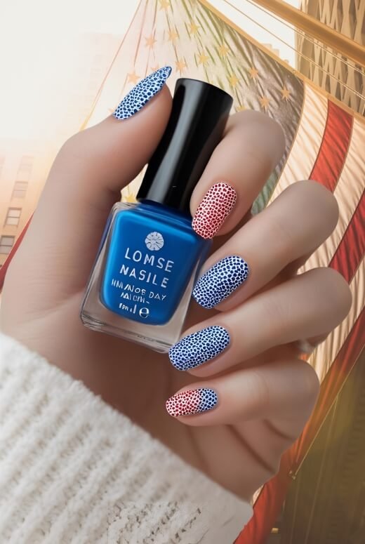 Image of A minimalist manicure for Labor Day featuring tiny red and blue micro dots A minimalist manicure for Labor Day featuring tiny red and blue micro-dots