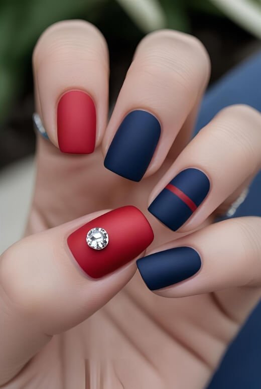 Image of A modern and chic matte red and navy blue manicure for Labor Day A modern and chic matte red and navy blue manicure for Labor Day