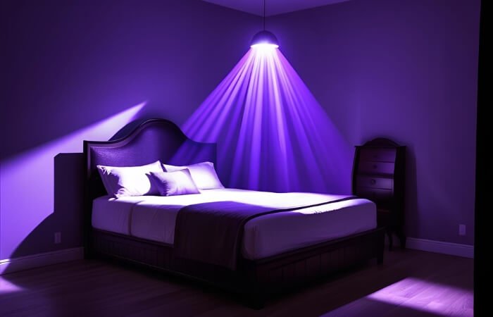 Image of A room bathed in a spooky purple light created by a colored light bulb an easy tip for halloween bedroom decoration ideas A room bathed in a spooky purple light, created by a colored light bulb, an easy tip for halloween bedroom decoration ideas