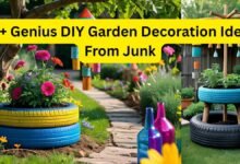 Image of An artistic and eco friendly garden featuring various diy garden decorations from junk like a painted tire planter and tin can wind chimes An artistic and eco-friendly garden featuring various diy garden decorations from junk, like a painted tire planter and tin can wind chimes.