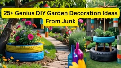 Image of An artistic and eco friendly garden featuring various diy garden decorations from junk like a painted tire planter and tin can wind chimes An artistic and eco-friendly garden featuring various diy garden decorations from junk, like a painted tire planter and tin can wind chimes.