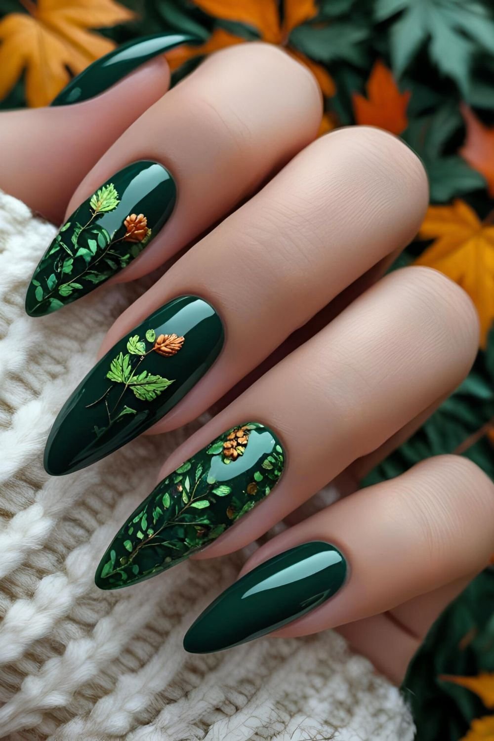 Autumn deep forest green nail designs