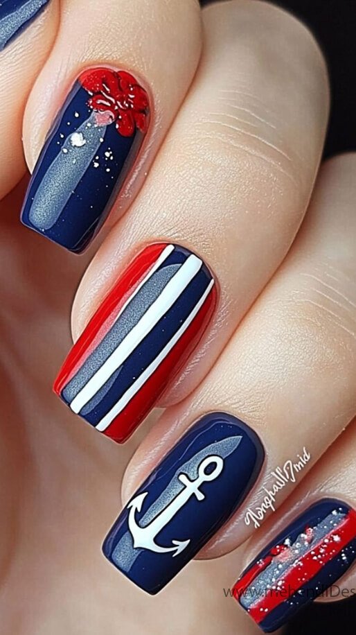 Image of Classic Labor Day nails with vertical red white and blue stripes Classic Labor Day nails with vertical red, white, and blue stripes