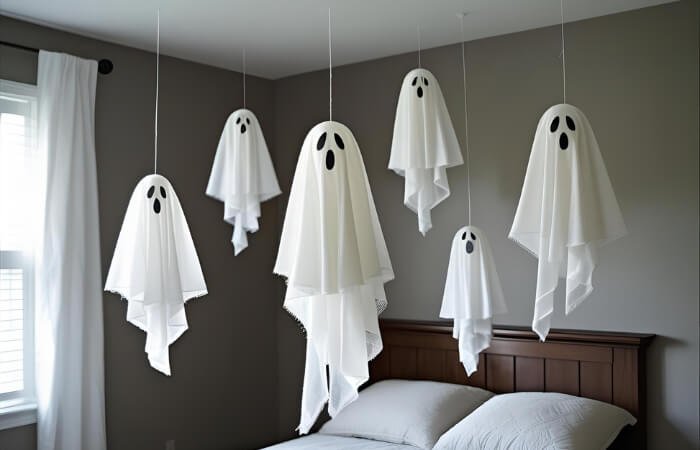 Image of DIY floating ghosts made from cheesecloth hanging from a ceiling a fun and easy project for halloween bedroom decoration ideas DIY floating ghosts made from cheesecloth hanging from a ceiling, a fun and easy project for halloween bedroom decoration ideas