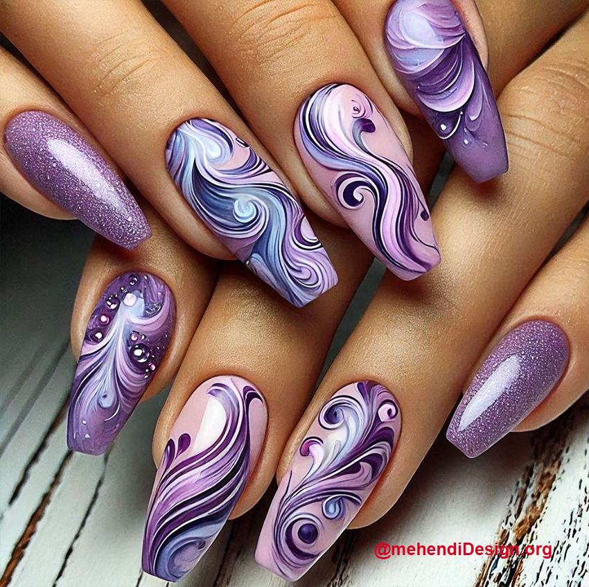 Elegant autumn nail design with creamy neutrals and abstract plum and olive swirls
