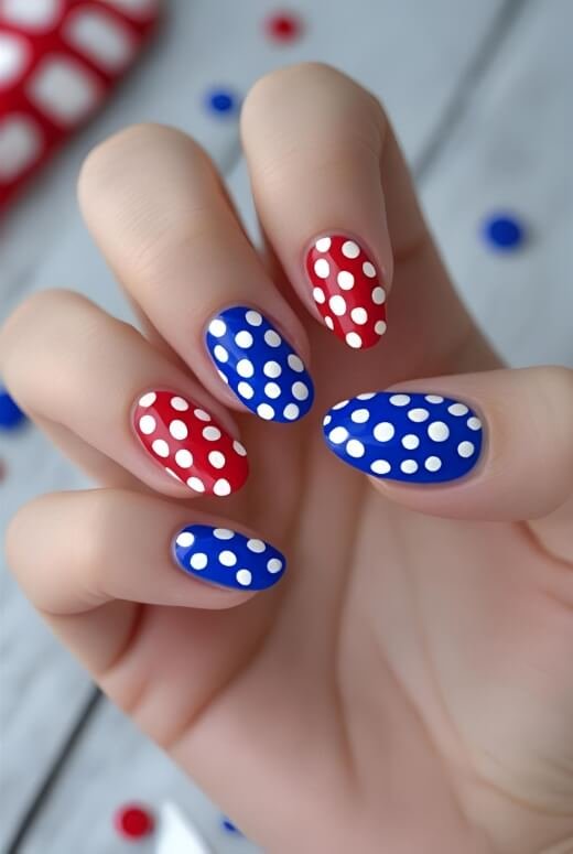 Image of Fun and easy red white and blue polka dot nails for a DIY Labor Day manicure Fun and easy red, white, and blue polka dot nails for a DIY Labor Day manicure