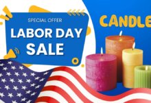 Image of Labor Day Candle Sale Special offer and Deal Labor Day Candle Sale: A cozy, aesthetically pleasing image of various scented candles on a rustic wooden table, with warm lighting and a soft blanket in the background. A tag on one of the candles says "Labor Day Sale."