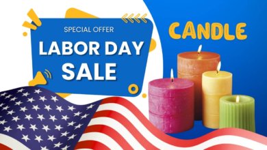 Image of Labor Day Candle Sale Special offer and Deal Labor Day Candle Sale: A cozy, aesthetically pleasing image of various scented candles on a rustic wooden table, with warm lighting and a soft blanket in the background. A tag on one of the candles says "Labor Day Sale."
